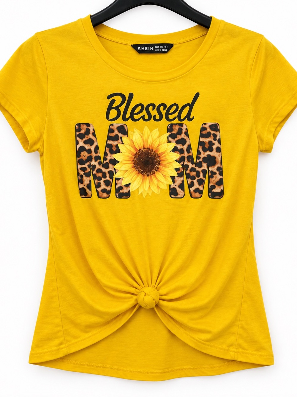 SHEIN Yellow 'Blessed MOM' Short-Sleeve Knot Tee with Sunflower & Leopard Print